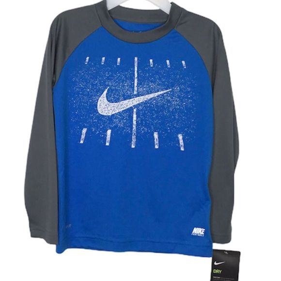 Nike Kids Blue/Grey Dry Fit TagLess Jersey LongSleeves Athletic Top-Tee Sz 2 NEW - Picture 1 of 7